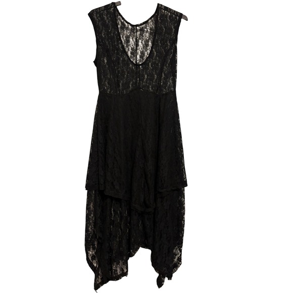 Dresses & Skirts - Black Floral Lace Sleeveless Handkerchief Hem Tiered Gothic Dress 2XL